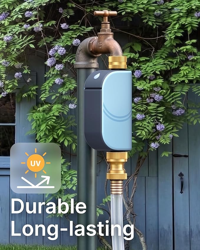WiFi Water Timer for Garden Hose, Smart Sprinkler Controller with Heavy-Duty Brass Inlet & Flow Meter, No Hub Required, App Control Rain Delay Outdoor Hose Valve