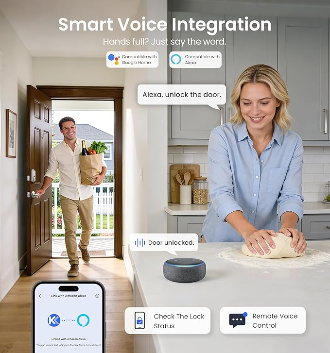 Veise VE027 Built-in Wi-Fi Smart Lock, Fingerprint Keyless Entry Front Door Lock, App Remote & Voice Control, No Hub Needed, Touchscreen Keypad Deadbolt, IP65 Waterproof, BHMA Grade 3, Satin Nickel