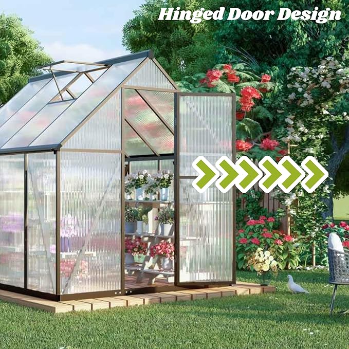 6 x 8 FT Greenhouse for Outdoors, Polycarbonate Greenhouse with Quick Setup Structure and Roof Vent, Aluminum Large Walk-in Green House for Outside Garden Backyard, Charcoal Black
