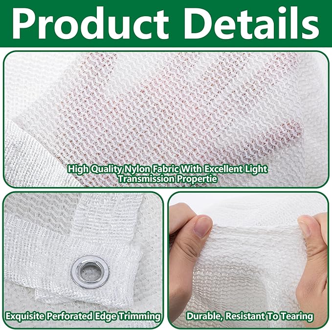 9.9 x 6.6 Ft Plant Shade Nylon Cloth, White Plant Sun Protection Net with Reinforced Grommets, Garden Sunshade Cover Cloth for Protecting Plants from Direct Sunlight