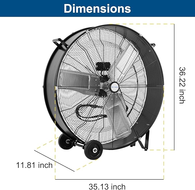 BILT HARD 34" 15000 CFM High Velocity Drum Fan, 2-Speed Heavy Duty Industrial Shop Fan with Casters & Handle for Warehouse, Factory Workshop and Garage Use