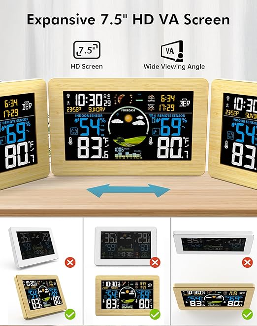 Weather Station Wireless Indoor Outdoor Thermometer, 7.5" VA Display with Remote Sensor, Home Weather Station with Weather Forecast, Temperature, Humidity, Atomic Clock, Wood