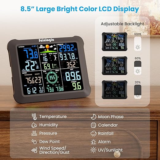Sainlogic WiFi Smart Weather Station SA9 with 24/7 Accurate Weather Forecast by Weatherseed® AI, 8.5" Large Display, Wind Gauge, 2-Year Data Storage & Export (Only 2.4G)