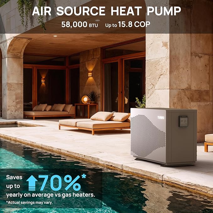 TURBRO 58,000 BTU DC Inverter Swimming Pool Heat Pump, WiFi Control Electric Pool Heater for Above and Inground Pools up to 18,000 Gal, Heating and Cooling, Up to 15.8 COP, 220-240V, Beluga B58V