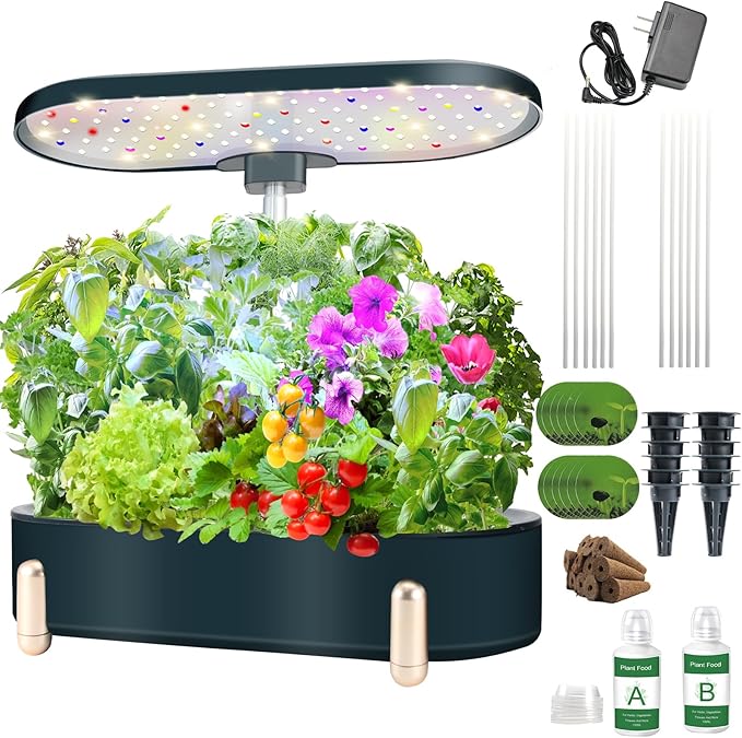 Indoor Garden Hydroponics Growing System12 Pods Plant Germination Kit Aeroponic Herb Vegetable Growth Lamp Countertop with LED Grow Light Smart Water Pump Automatic Timer (Blackish-Green)