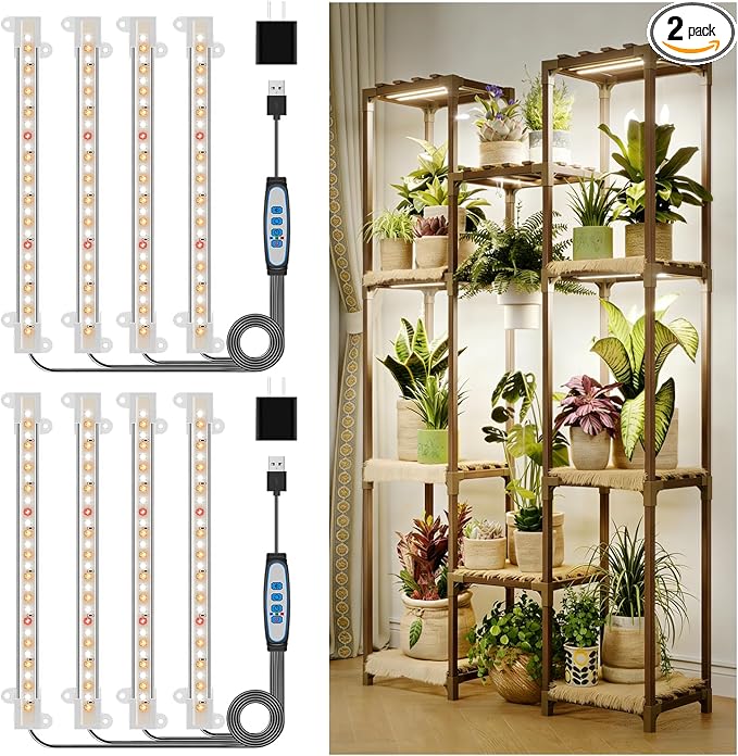 Kullsinss 8 inches LED Grow Light Strips, Full Spectrum Grow Lights for Indoor Plants with 6/12/16H Timer, 5 Dimmable Levels, Plant Light for Seedling Succulent, Ideal for Plant Shelf (4 Strips*2pcs)