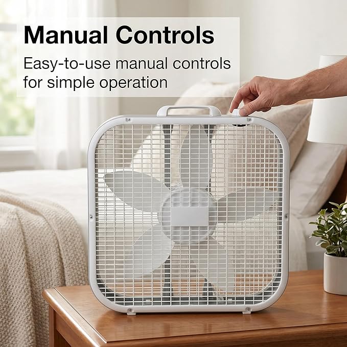 20-Inch Box Fan with Weather-Resistant Motor, 3-Speed Floor and Window Cooling Fan with Plastic Frame, Portable Carry Handle, 72-Inch Cord for Bedroom, Garage, Dorm, White