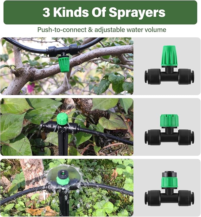 Kalolary 133FT Quick-Connect Drip Irrigation System Kit, Automatic Garden Watering System with 1/4" & 1/2" Tubing,Push-to-Fit Fittings & Adjustable Drip Emitters for Raised Garden Beds Greenhouse Lawn