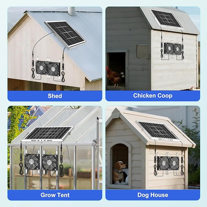 5.5" Solar Chicken Coop Fan 2 Kit, 20W Solar Powered Greenhouse Fan Outdoor Waterproof for Vent Exhaust & Intake, for Outside Shed Doghouse Ventilation Air Circulation Cooling