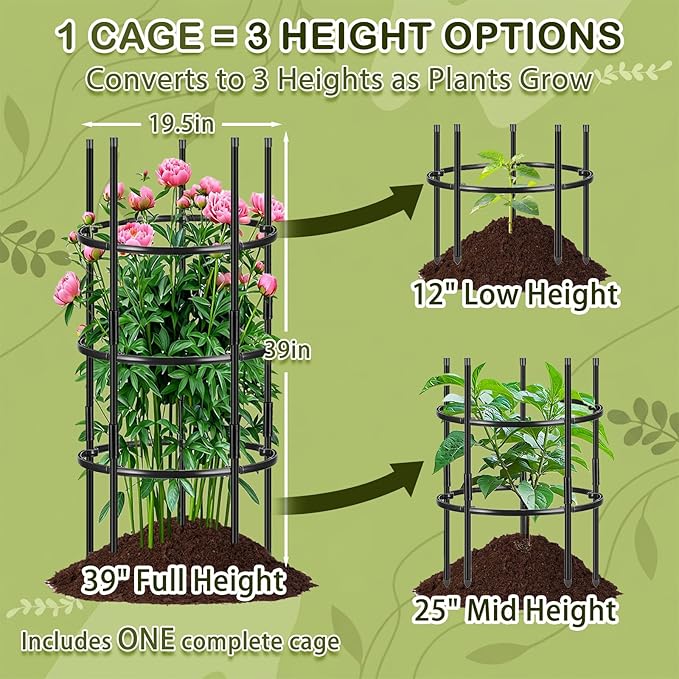2PCS 19.5" D x 39" H Peony Plant Support Cage, 3 Tier Stackable Plant Support Ring, Metal Core with PVC Coated Stakes, Garden Plant Support for Peonies Tomatoes and Climbing Plants