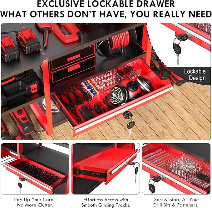 KSVO Large Power Tool Organizer Wall Mount with Locking Drawers, Grinder Holder, Hammer & Pliers Rack, & 6-Outlet Charging Shelf – Heavy Duty Metal Tool Storage for Garage & Workshop