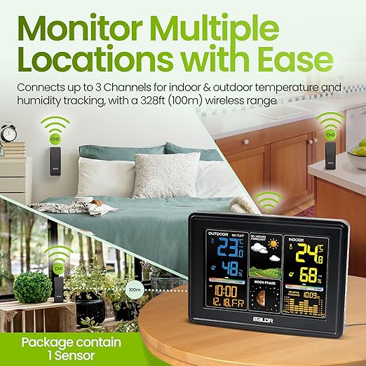 BALDR Wireless Digital Weather Station - Indoor Outdoor Thermometer Wireless Home Weather Station with Remote Sensor, Atomic Alarm Clock, Moon Phase & Barometric History Display, Weather Clock