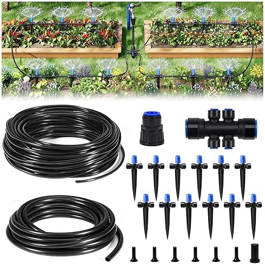 HIRALIY 50FT Quick Connect Garden Watering System with Adjustable Vortex Drippers, Saving Water Automatic Drip Irrigation Kit for Raised Bed and Plants Vegetable Garden