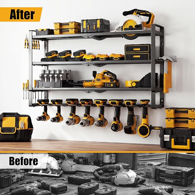 MOOMSINE Large Power Tool Organizer Wall Mount, 4-Tier Heavy Duty Metal Storage Rack Loads 400lbs, Battery Tools Hanger with 8 Cordless Drill Holder for Garage, Workshop, Pegboard, Shed