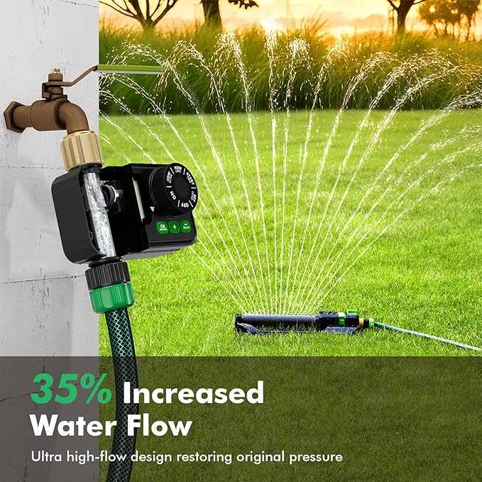 RESTMO Sprinkler Timer for Outdoor Hose Faucet 2 Pack, Up to 11h59m Programmable Watering Timer for Soaker Hose, Misting with Brass Inlet & Large Dial, Rain Delay/Manual/Automatic Irrigation System