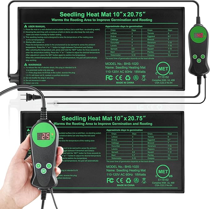 Seedling Heat Mat with Built-in Thermostat 2 Pack, 10" x 20.75" Waterproof Plant Heating Pad with Temperature Controller for Hydroponic,Germination, Indoor Gardening, Greenhouse, MET-Certified