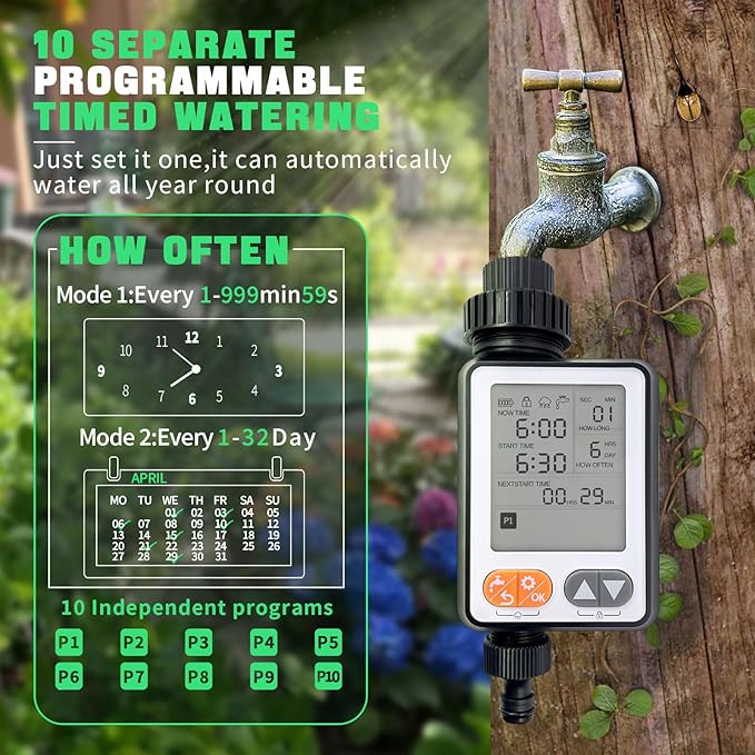 Water Timer for Garden Hose, 10 Programmable Sprinkler Timer with with Auto Rain Delay, IP54 Waterproof 3.3“ Large LCD Drip Irrigation System Timers for Plant, Yard, Lawns, Outdoor
