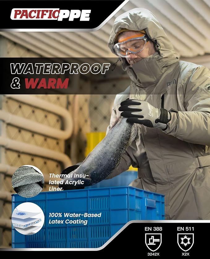 PACIFIC PPE Winter Work Gloves for Men and Women, 100% Waterproof Thermal Insulated Freezer Gloves for Cold Weather, Super Grip, Grey, Large