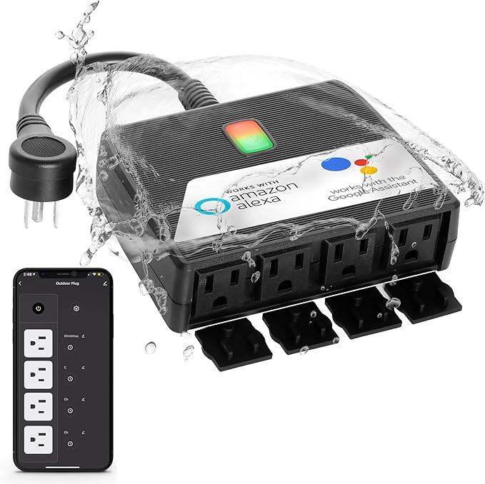 Smart Heavy Duty Outdoor Power Strip WiFi Plug Water-Resistant Socket, Electrical Power Extension Cord, Outlet Switch and Timer Works Remotely with Alexa, G Assistant (4 Sockets) Black