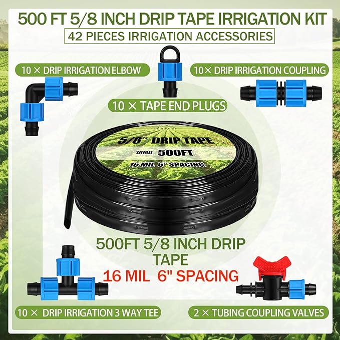Tondiamo 500 ft 5/8 Inch Drip Tape Irrigation Tubing Kit 16 Mil 6" Spacing Hose Garden Landscape Irrigation System Automatic Equipment for Farms