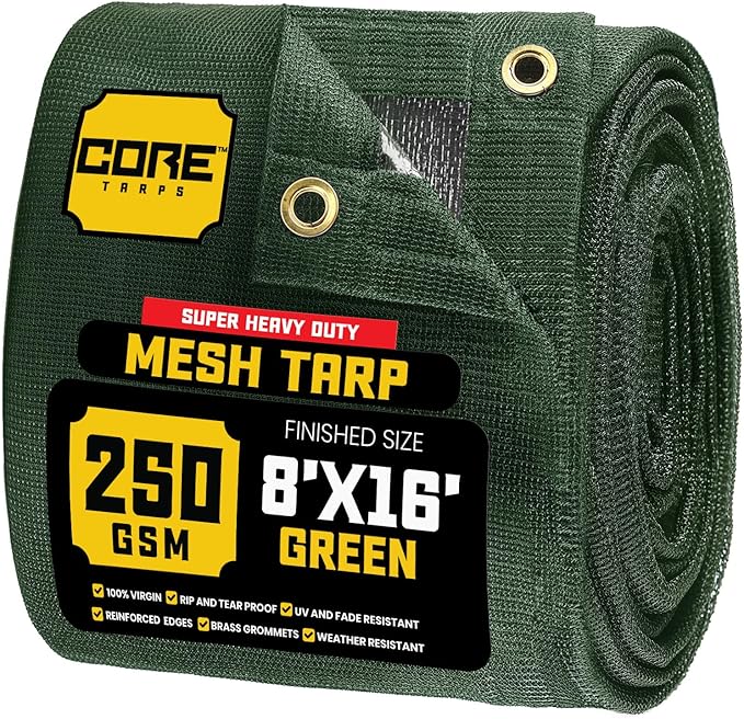 Core Tarps 60% Green Shade Cloth with Grommets - 8 X 16 FT Heavy Duty Mesh Tarp - Sun Shade Cloth for Garden Vegetables Plants Greenhouse Outdoors Backyard Fences Dump Trucks Patio Mesh Shade Tarp