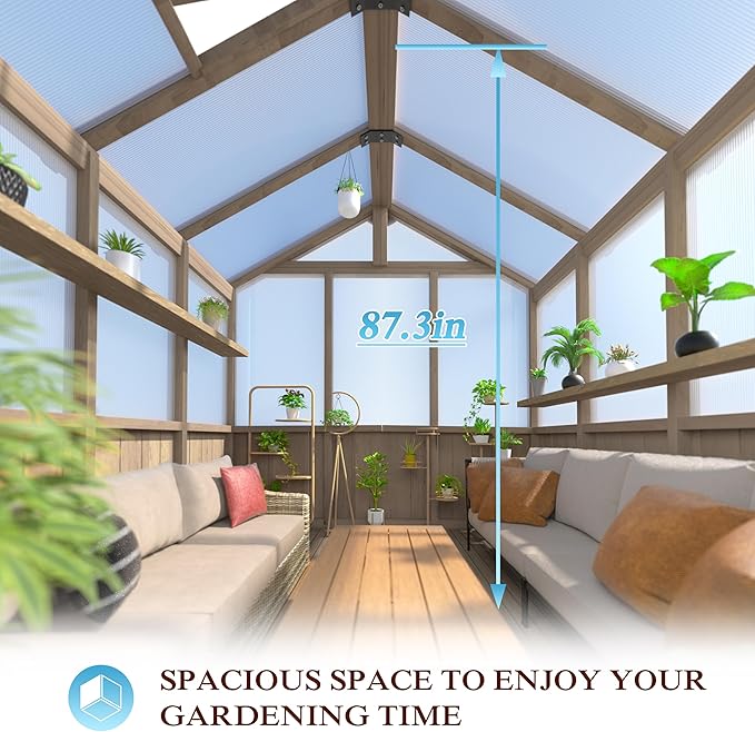Yardenaler 8x14 FT Outdoor Greenhouse Kit, Wooden Greenhouses for Outdoors Walk-in Green House with 6MM Thick Polycarbonate Panel & Adjustable Roof Vents, Backyard Garden, Light Mocha Brown