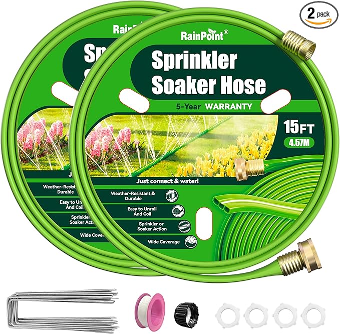 RAINPOINT Sprinkler Hose with Holes 30FT, Flat Soaker Hose with Stakes, Lightweight Water Irrigation Sprinklers System for Garden, Lawn and Yard(15FT, 2Pack)