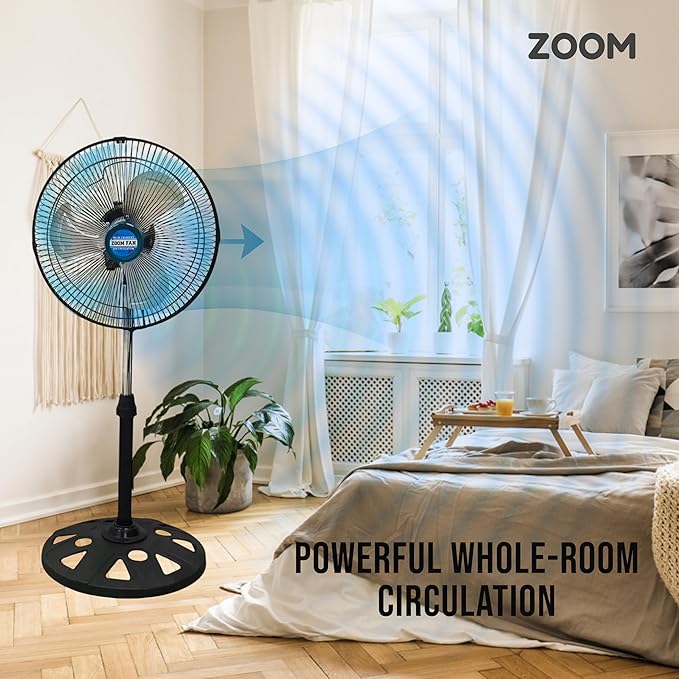 ZOOM 12 Inch 360 Degree Oscillation Pedestal Dormroom Fan 1 pack with 2in1 USB/Luggage Lock, Black Silver, 3 Speed, Adjustable Height, for Dorms, Bedroom, Livingroom, Garage