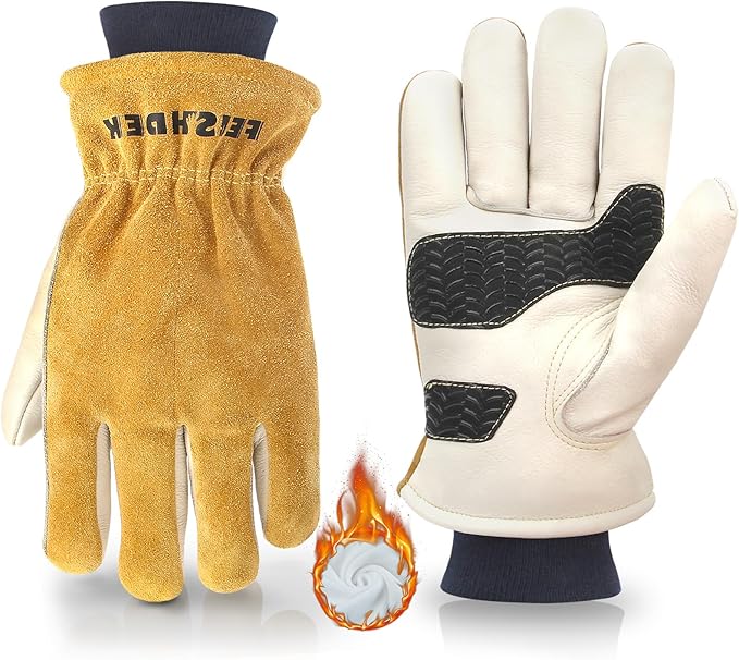 Mens Winter Work Gloves Insulated Waterproof Leather, Thinsulate Thermal Lining with Anti-Slip Palm for Cold Weather