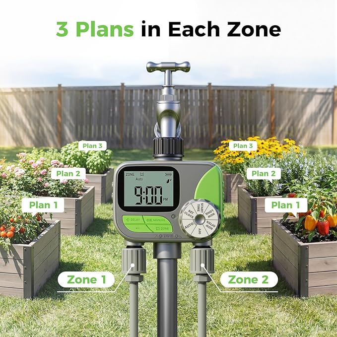 Sprinkler Timer, Watering Timer for Garden Hose, 2 Outlets Programmable Hose Timers with Rain Delay, Outdoor Soaker Auto & Manual Drip Irrigation Controller System for Lawn Yard Greenhouse