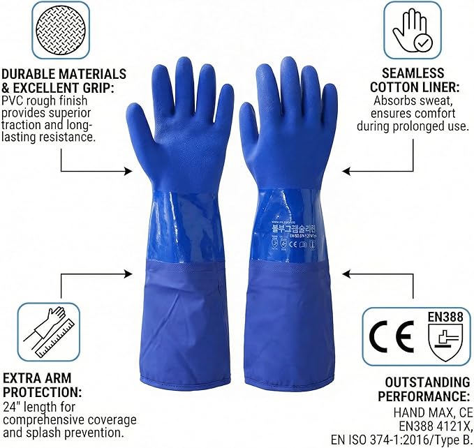 Youneedthat Chemical Resistant Gloves, Seamless Cotton Lined, Heavy Duty Waterproof Gloves, Long Rubber PVC, 24" L,XL,XXL