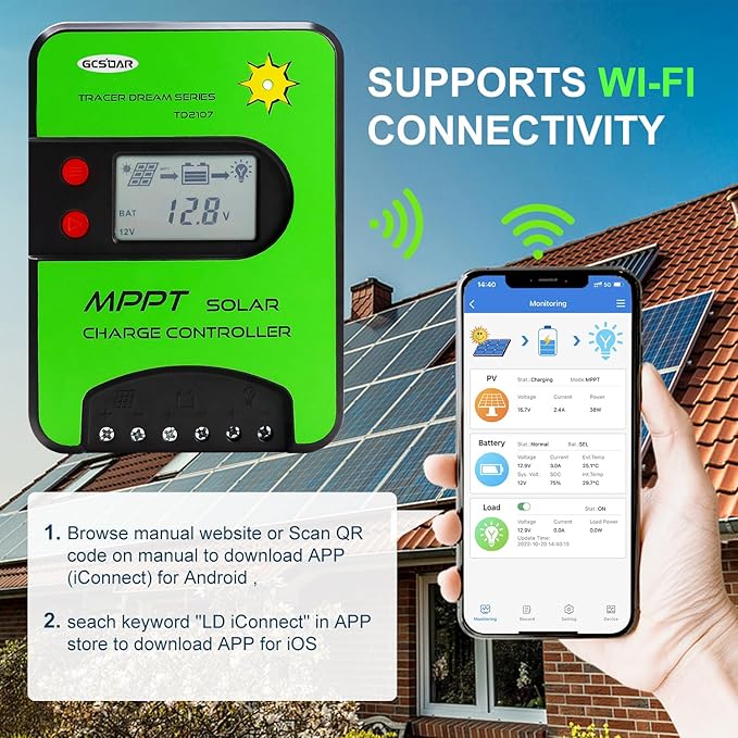 15A MPPT Solar Charge Controller 12V/24V Automatic Maximum PV 75V Charge Controller Built-in WiFi Adapter with LCD Display for Gel-Sealed Immersion AGM and Li-Ion Batteries (WiFi)(TD2107)