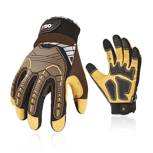 Vgo... 1-Pair Heavy Duty Synthetic Leather Work Gloves, Impact Protection Mechanic Gloves, Rigger Gloves, Vibration Reduction, Touchscreen Capable (Size XL, Brown, SL8849)