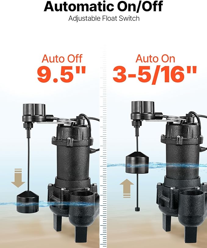 VEVOR Submersible Sewage Pump, 3/4 HP, 6000 GPH Cast Iron Sewage/Effluent Pump with Automatic Tethered Float Switch, 2-Inch NPT Discharge, 120V, 23 ft Max Lift, for Basement, Septic Tank, Residential