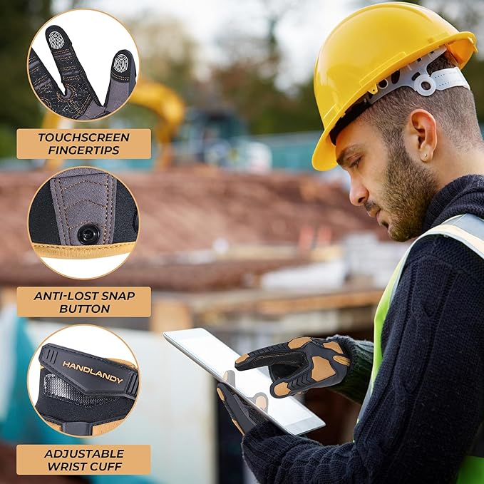 HANDLANDY HLDD Heavy Duty Work Gloves, TPR Protector Impact Gloves, Men Anti Vibration Mechanic Work Glove TouchScreen