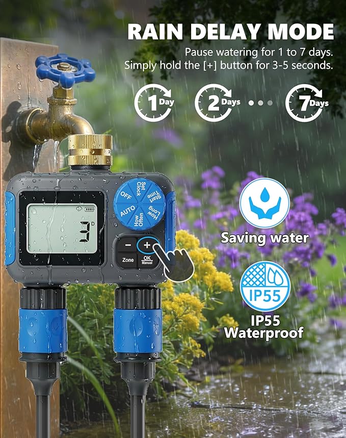 Sprinkler Timer with Brass Swivel, 2 Zone Hose Timers for Watering, Digital Irrigation Timer with Rain Delay & Manual Mode, Automatic Watering System for Outdoor Garden Lawn Yard