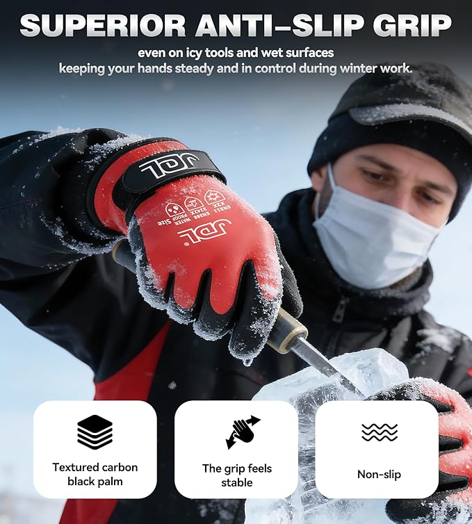 JDL 100% Waterproof Winter Work Gloves for Men & Women, Thermal Insulated Freezer Gloves for Cold Weather, Super Grip Palm