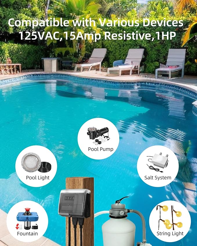 WiFi Pool Pump Timer Outlet, 15A 125V 1HP,NEMA 5-15R Plug-in Timer, Outdoor& Indoor use,with Weatherproof Cover, for Pool Pump, Water Heater, Pool Filter, Landscape Lights