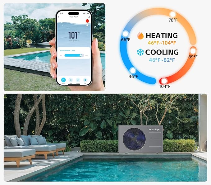 30000 BTU Swimming Pool Heat Pump Pool Heater Above Ground 8000 Gallon Heating Cooling Electric Pool Heater for Inground Pool WiFi Control Schedule 120V