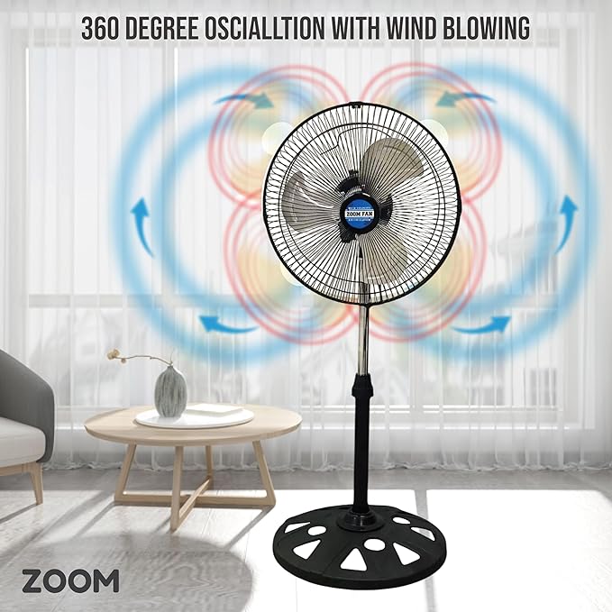 ZOOM 12 Inch 360 Degree Oscillation Pedestal Dormroom Fan 1 pack with 2in1 USB/Luggage Lock, Black Silver, 3 Speed, Adjustable Height, for Dorms, Bedroom, Livingroom, Garage
