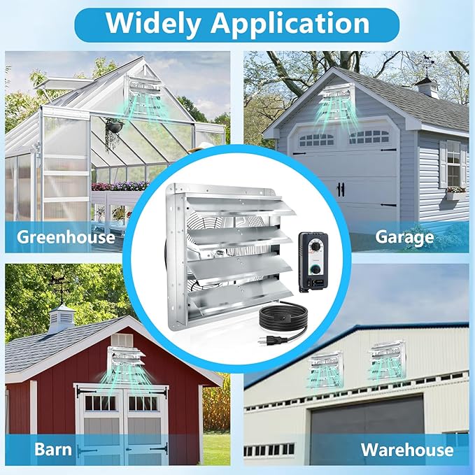 18 inch Shutter Exhaust Fan with Speed & Thermostat Control, 2600 SQ. Ft Coverage Area, 2500 CFM, Upgrade Powerful Wall Mount Attic Vent Fan for Greenhouse, Garage, Chicken Coops Ventilation Fans