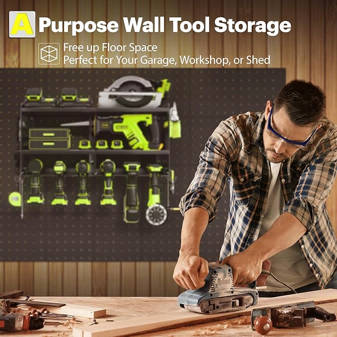 Spampur Power Tool Organizer Wall Mount with Charging Station, 3 Layer Heavy Duty Metal Tool Storage Rack Loads 420lbs with 6 Cordless Drill Holder, Idea Gifts for Men, Garage Workshop