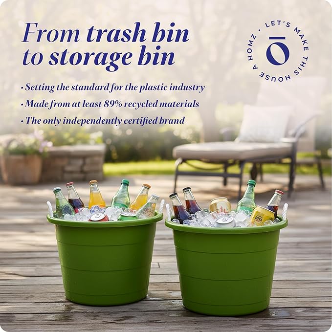 HOMZ 2-Pack Utility Tub, Large Plastic Storage Bucket with Rope Handles, 17 Gallon, Green - Portable Indoor and Outdoor Buckets for Kitchen, Laundry, Garden, Bathroom, and Garage Organization