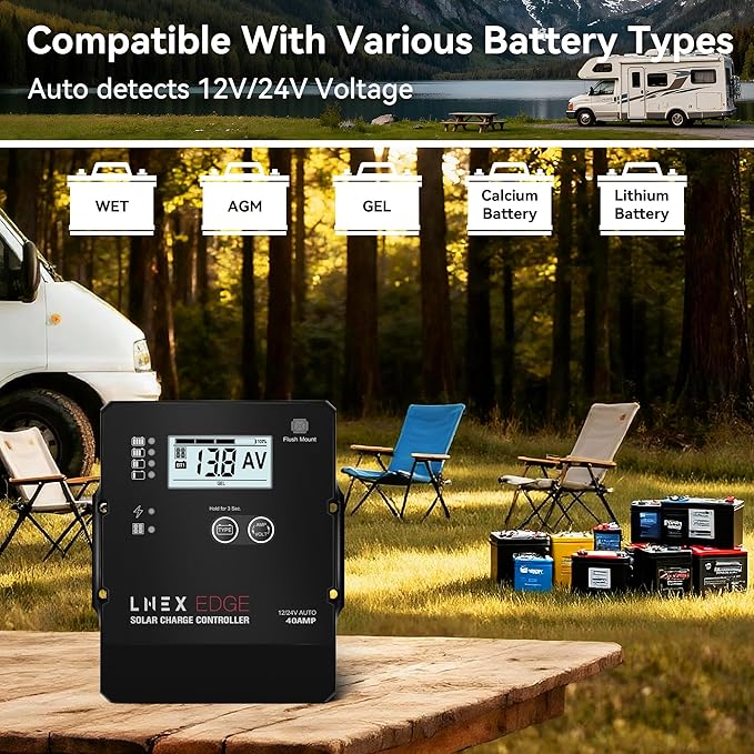 LNEX Solar Charge Controller with Flush Mount Design, 6 Stage Charging with LCD Display 12V/24V Auto PWM Controller 40A for LiFePO4, AGM, Gel, Flooded and Lithium Battery