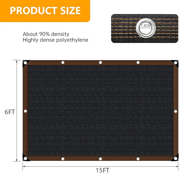 Shade-Cloth 85-90% for Garden Plants 6x15 FT, Black Sun-Block Shade Cover Mesh Tarp with Grommets Sun Shade Canopy for Outdoor Pergola Patio Flower Lawn Kennel Chicken Coop