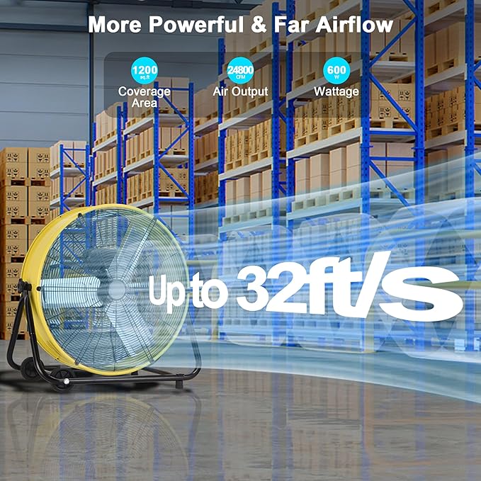 40 Inch Industrial Drum Fan, 24800 CFM High Velocity Floor Fan, Heavy Duty, 3-Speed, 360° Fully Adjustable Tilt, Portable Wheels & Handle for Commercial, Warehouse, Garage, Workshop, Gym-ETL Certified