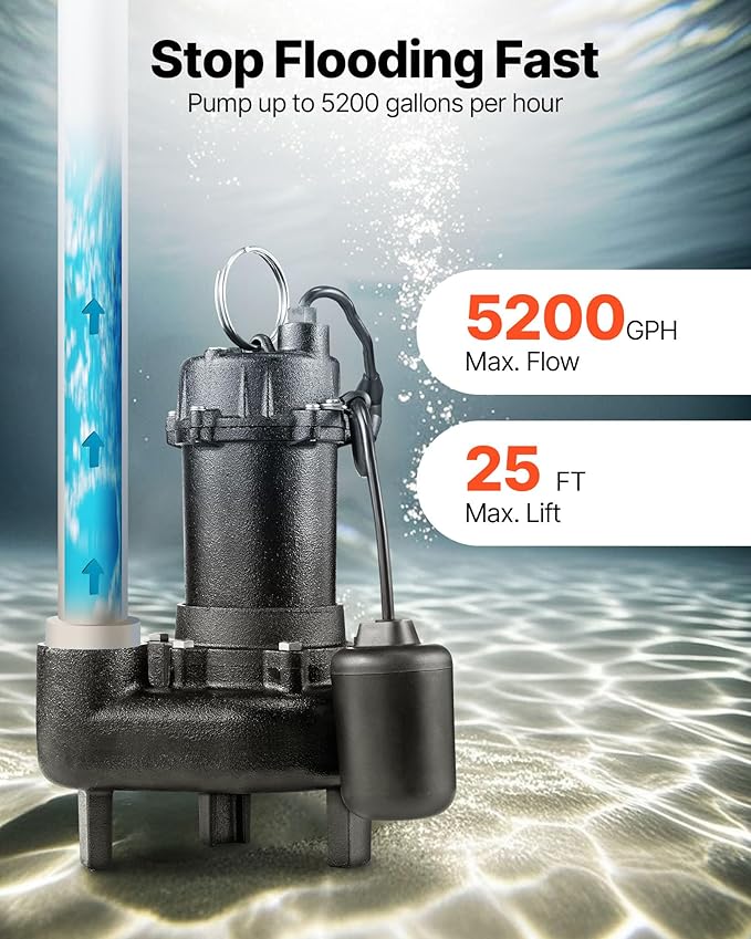 VEVOR Submersible Sewage Pump, 1 HP, 5200 GPH Cast Iron Sewage/Effluent Pump with Automatic Tethered Float Switch, 2-Inch NPT Discharge, 120V, 25 ft Max Lift, for Basement, Septic Tank, Residential