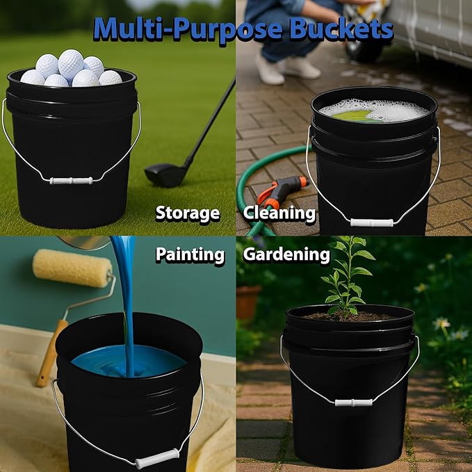MKS Plastics 5-Gallon Bucket with Airtight Lid – Made in USA, Food Grade BPA Free Plastic, Heavy Duty Multi-Use, Metal Handle with Grip, Stackable Storage – Black, 1 Pack