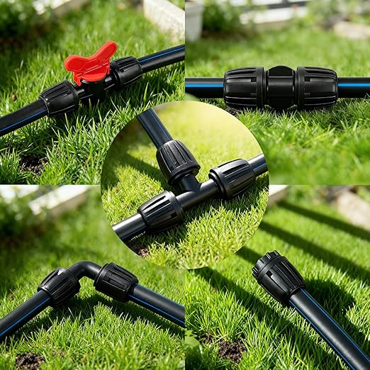 18 Pack 1/2 Inch Drip Irrigation Fittings Kit (1/2" ID x 0.6-0.65" OD), 1/2'' Dripline Barbed Connectors with Anti-Drop Lock Nuts - 4 Tees, 4 Couplings, 4 Ends, 4 Elbows, 2 Valves