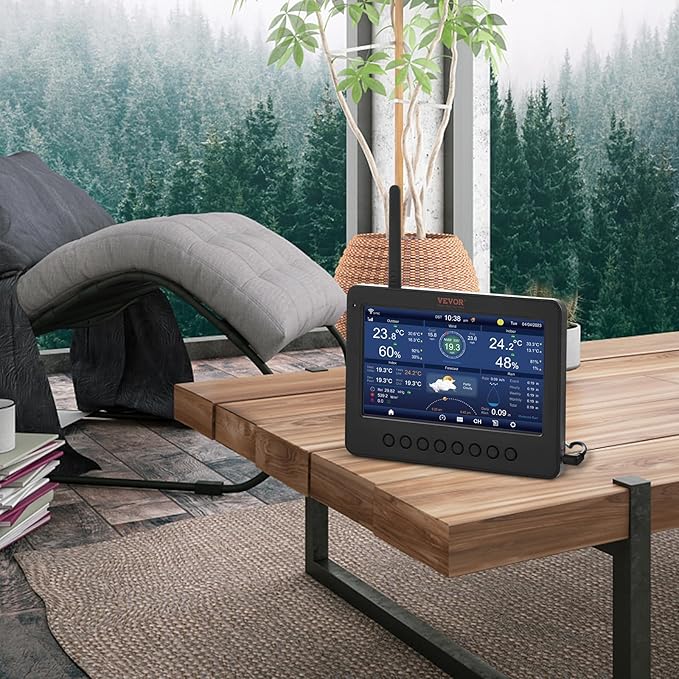 VEVOR 7-in-1 Wi-Fi Solar Self-Charging Weather Station with 7" TFT Color Display, Solar-Powered Outdoor Sensor, Indoor&Outdoor Monitoring for Temperature, Humidity, Wind Speed/Direction and Rainfall